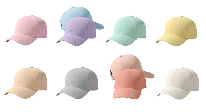 colorful baseball caps arranged on white background studio shot various pastel shades fashion imagery