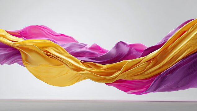 Flowing swathes of gold, magenta, and purple fabric against a light gray background