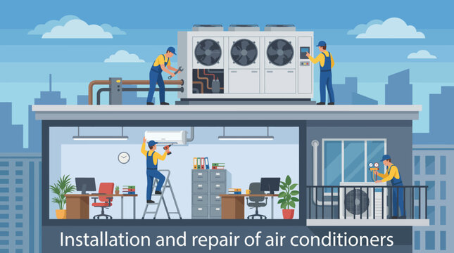 An illustration depicting HVAC technicians working on an installation atop a building, showcasing the importance of heating and cooling systems for modern infrastructure.