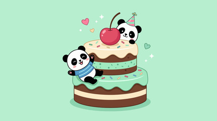 Fototapeta premium Two adorable pandas playfully interact on a whimsical birthday cake topped with a cherry, symbolizing joy, celebration, and the charm of playful design.