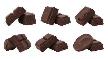 Obraz premium various views of dark chocolate pieces on white background used in food styling for recipes and desserts