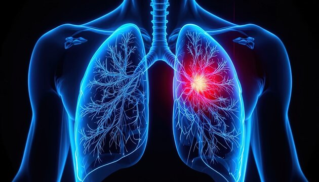 Illustration of Human Anatomy Lungs Showing Infection or Illness in Blue, Red, and White