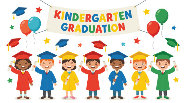 Joyful Kindergarten Graduation Vector Featuring Cute Diverse Children in Colorful Gowns Holding Diplomas with Flying Caps Stars Balloons and Festive Banner School Celebration