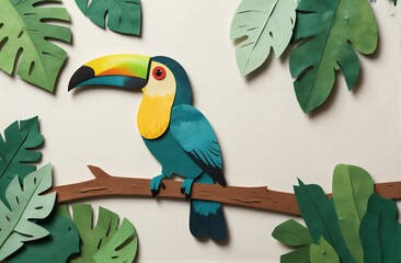Fototapeta premium Vibrant toucan perches on branch surrounded by lush green tropical