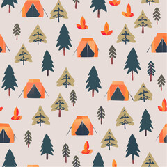 Obraz premium Summer Camping Icons Seamless Vector Pattern with Orange Tents, Campfires, and Pine Trees for Outdoor Adventure Design