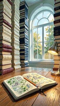 Open notebook resting by stacked library books