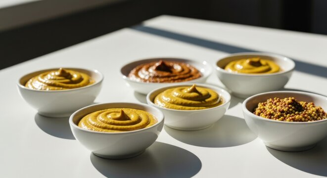 Small white bowls filled with various mustard, arranged on a white table. Sunlit, close-up view