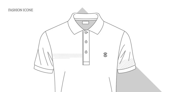 Detailed polo shirt line art vector illustration, front view with subtle fabric folds, classic collar and buttons, small chest logo, clean thin outline, minimal monochrome style, isolated on light bac