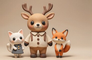 Fototapeta premium Cute clay figurines: deer cat fox standing together on beige