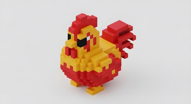 Colorful voxel chicken model on a plain white background