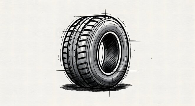 Detailed sketch of a car tire with technical annotations