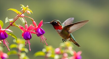 Fototapeta premium A hummingbird hovers near Fuchsia flowers. The bird displays iridescent green plumage with a striking red throat