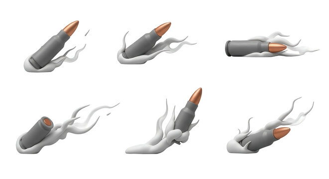 bullet projectile motion multiple shots stylized white smoke trail isolated on white background for concept art