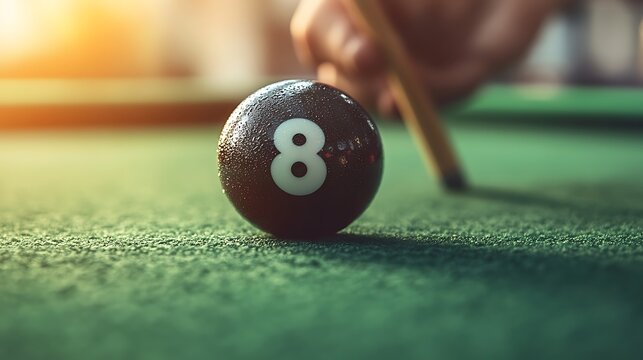 Hand aiming cue at 8ball on felt.