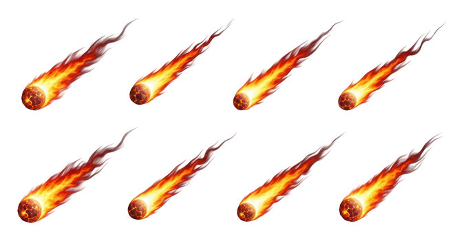 several burning meteoroids in the cosmos are speeding across a white void with a trail of fire which could be education or animation