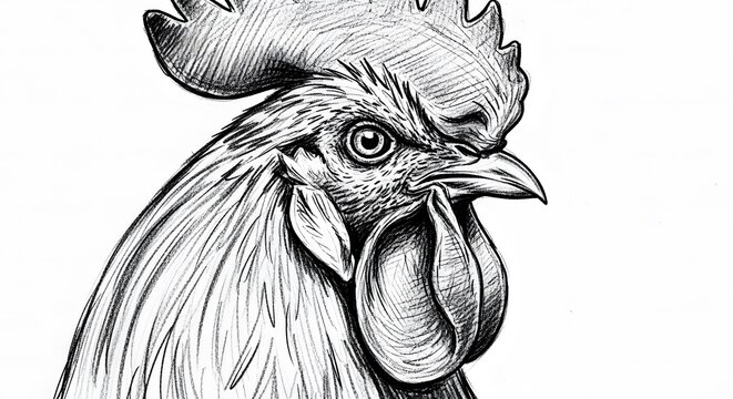 Detailed black and white illustration of a rooster head with intricate lines