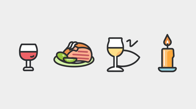 Set of cute, cartoonish icons wine, meat dish, wine pairing suggestion, candle