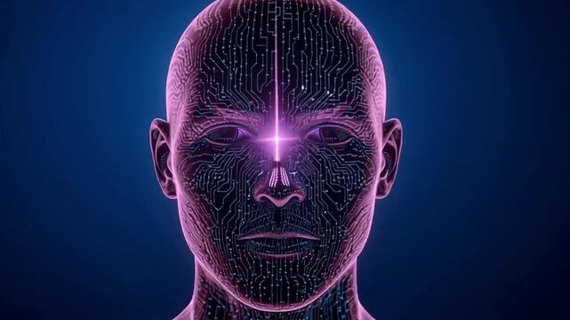 ビッグデータと人工知能が流れるデジタルな顔を描いた先進的な三次元背景動画素材