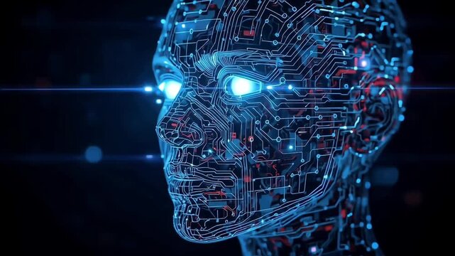 サイバーセキュリティとネットワーク接続を連想させる人工知能の顔三次元背景動画素材