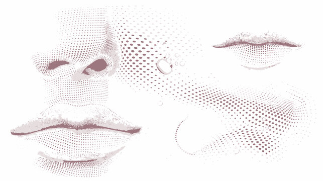 Abstract halftone face and lips with water droplets against a white backdrop