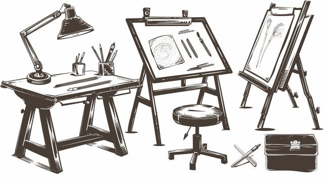 Artist's studio with drafting table, easels, stool, and art supplies in a vintage style