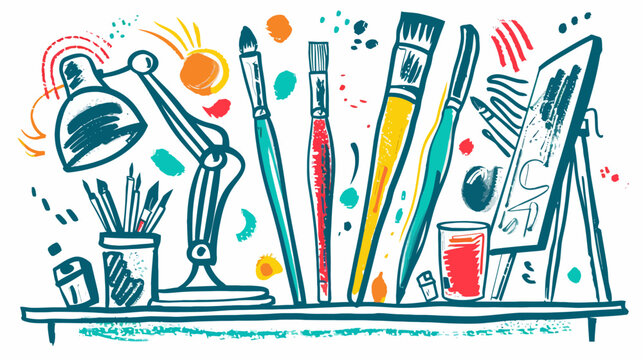 Colorful sketch of a desk with lamp, brushes, palette, jar of tools, and an easel