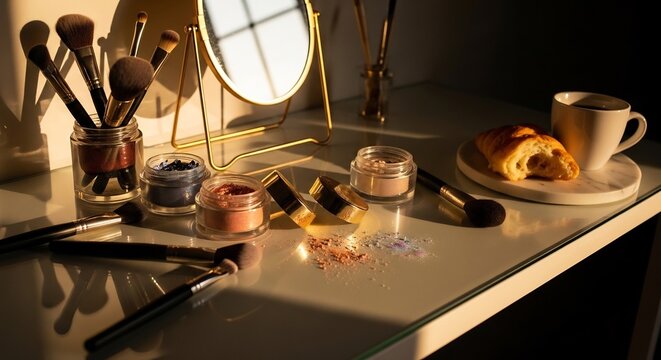 Morning Beauty Routine with Coffee and Croissant.