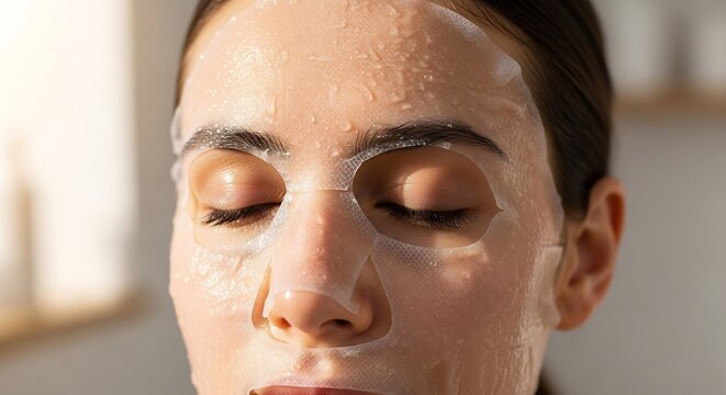 Woman applying a hydrating sheet mask for skincare routine.
