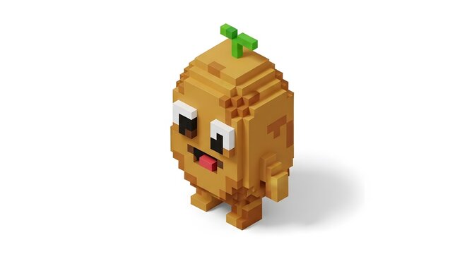 Cute voxel potato character with sprout in 3D pixel art style
