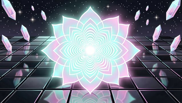 Geometric sacred portal glowing on obsidian tiles