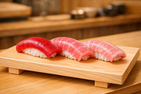 Three types of premium tuna sushi (akami, chu-toro, otoro) on a traditional Japanese Hinoki wood plate, authentic high-end Japanese cuisine with professional lighting.