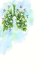Naklejka premium Human lungs shaped by lush green foliage, white flowers, and flying birds, representing World Asthma Day, clean air and respiratory health awareness concept
