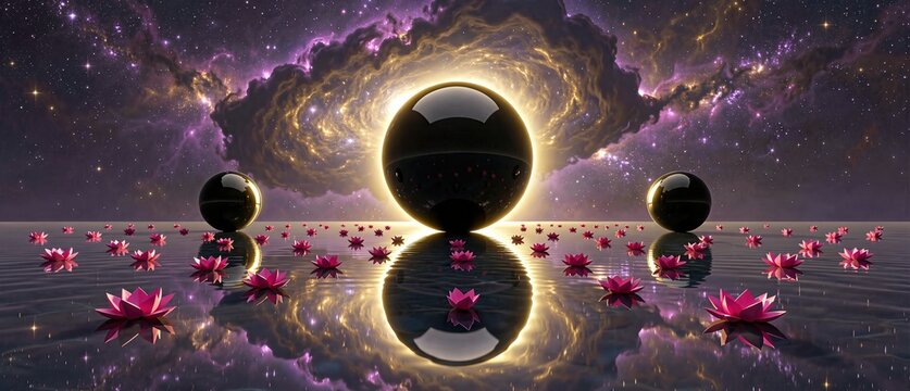 Obsidian spheres levitating over nebula water