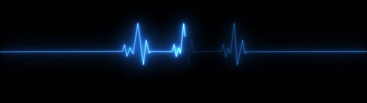 A bright blue neon electrocardiogram line pulses with energy across a deep black background, representing a heartbeat or vital sign in a digital medical or technological context