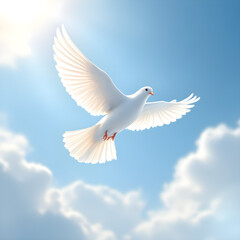 Fototapeta premium White dove flying in blue sky with clouds