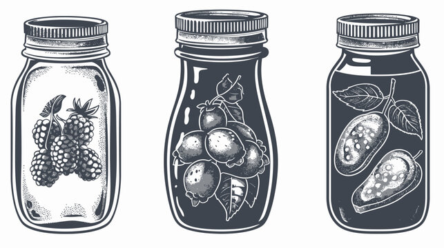 Three jars of fruits, with blackberries, blueberries and plums in a vintage, engraved style