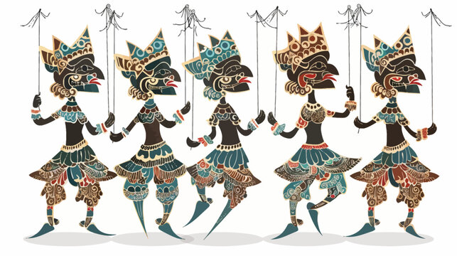 Five stylized, ornamented puppets with bird-like faces are presented in a row