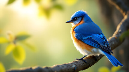 Obraz premium Blue bird perched on branch with sunlight