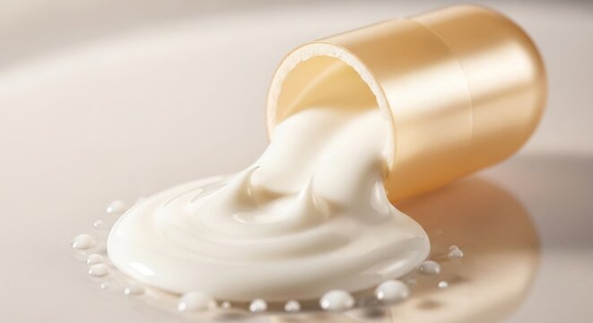 A golden capsule spills its creamy white contents onto a reflective surface.