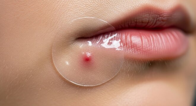Close up of a persons lips with a clear pimple patch covering a blemish.