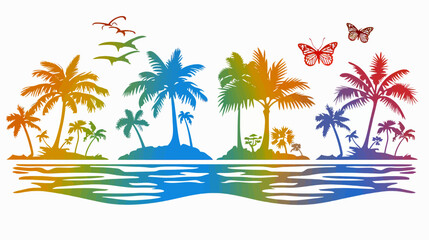 Obraz premium Colorful island silhouette illustration with palm trees, butterflies, and flying birds