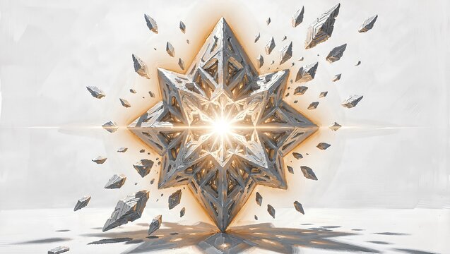 Fractal data crystal shattering on white backdrop