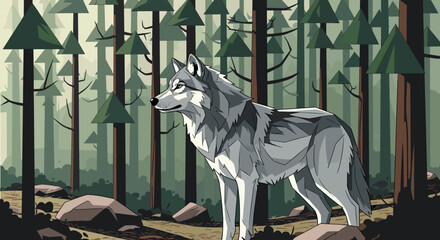 A majestic grey wolf stands alert in a dense, misty forest with tall pine trees and rocky terrain. © Uchiha