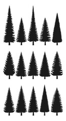 Fototapeta premium Collection of fifteen black silhouette coniferous pine and fir trees, stylized vector graphics on a white background.