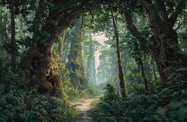 Obraz premium Lush forest path with sunlight filtering through the canopy.