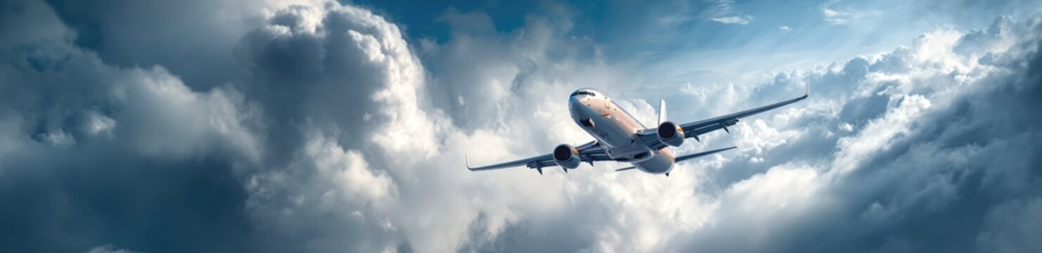 Airplane soaring through a dramatic sky filled with swirling clouds.