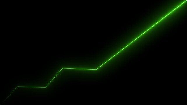 A vibrant green neon line graph ascends diagonally across a stark black background with sharp, angular steps indicating upward progress and growth in a minimalist abstract