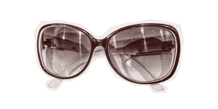 Halftone Sunglasses sticker grunge cutout vintage style mimicking torn out collage old photo. Vector Isolated Y2K pop art element Retro grain dotted texture transparent background. Grayscale scrapbook