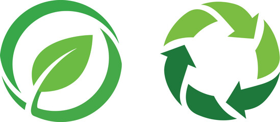 Green ecology cycle icons with plant leaves and rotating arrows © radiya