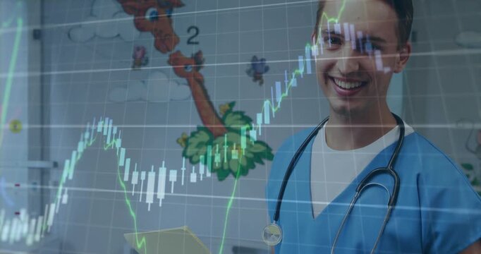 Male clinician reading manila folder as animated charts overlaying clinic, preparing care plans